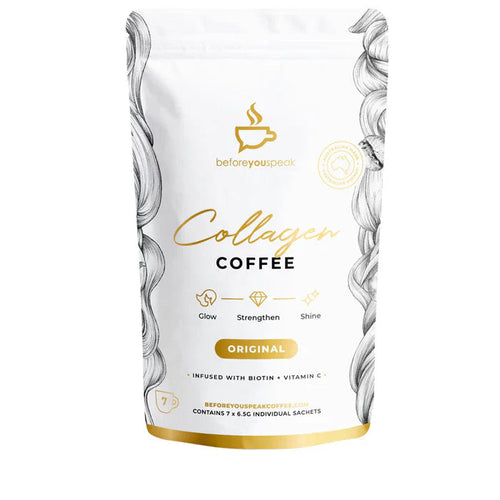 Before You Speak Collagen Coffee in a glass mug, showing the creamy coffee beverage with collagen supplement powder on top.