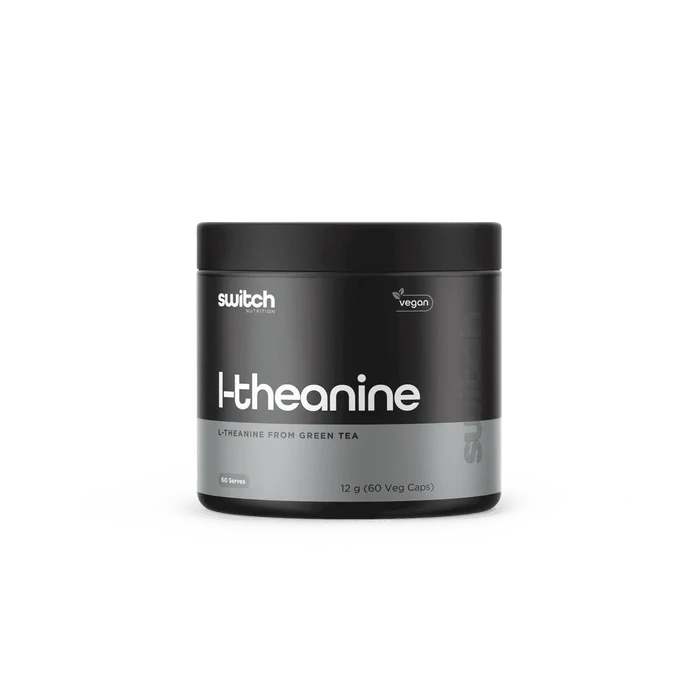 Switch Nutrition L-Theanine supplement bottle with a white label and black cap, featuring the Switch Nutrition branding.