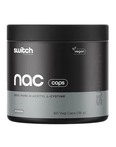 Switch Nutrition N-Acetyl L-Cysteine (NAC) capsules in a bottle, showing the supplement's label and capsules inside.