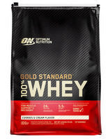 Optimum Nutrition 100% Gold Standard Whey protein powder jar with label showing flavor and nutrition information.
