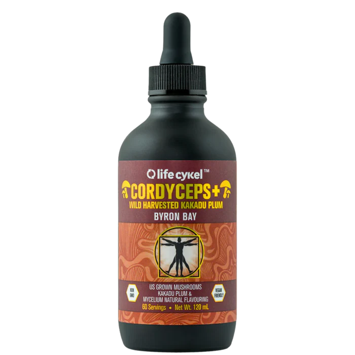 LIFE CYKEL Cordyceps Double Extract supplement bottle with label showing product details and branding.