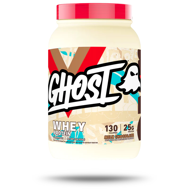 GHOST WHEY protein powder container with GHOST branding, featuring a sleek black and colorful label design.