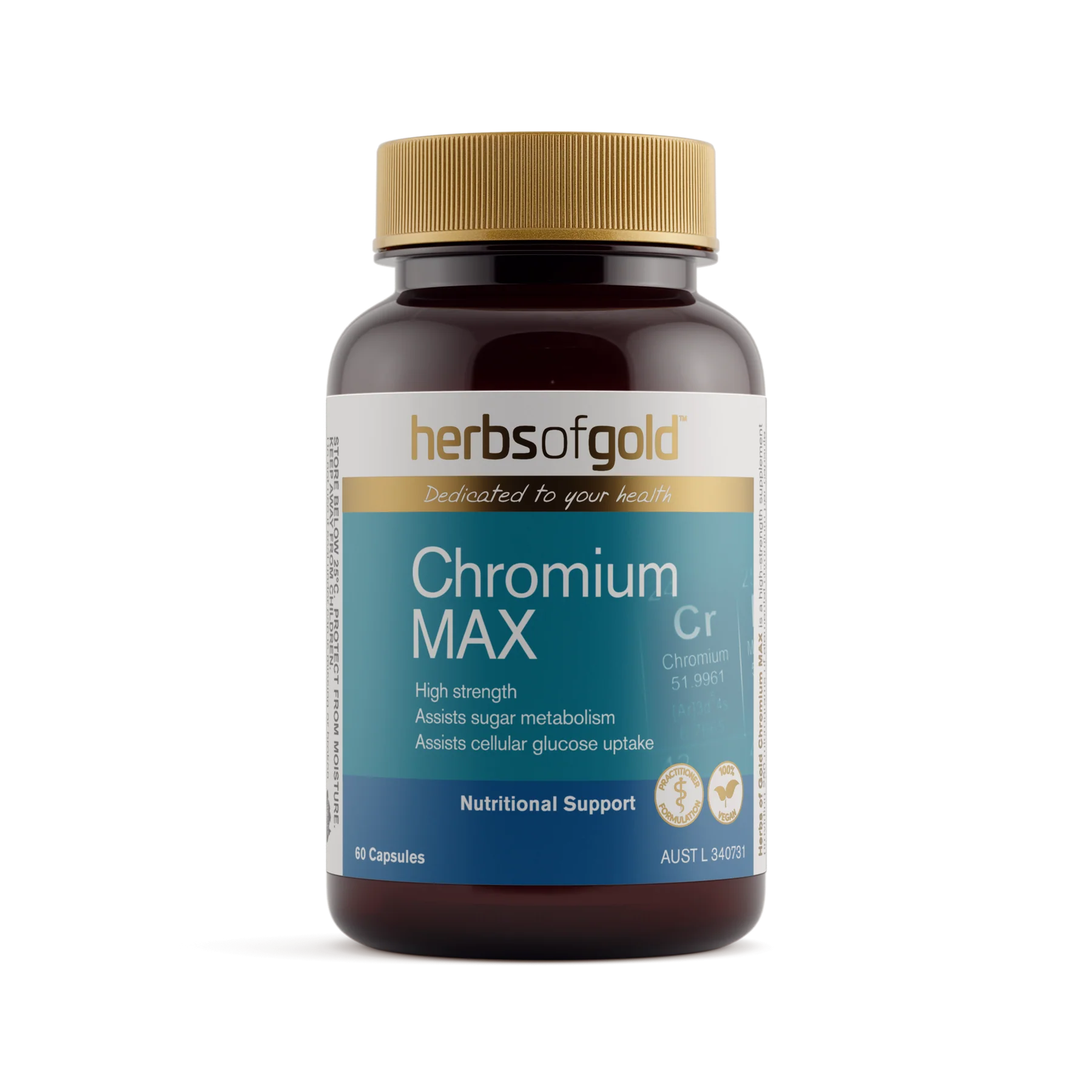 Herbs of Gold Chromium Max supplement bottle with label, featuring green and white design and product details.