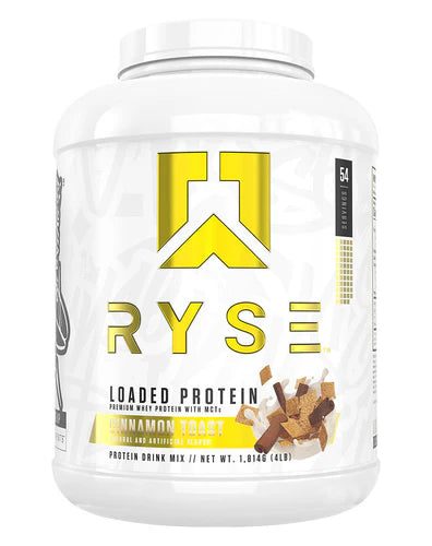 RYSE Loaded Protein supplement container from RYSE UP, featuring a sleek black design with the product label visible.