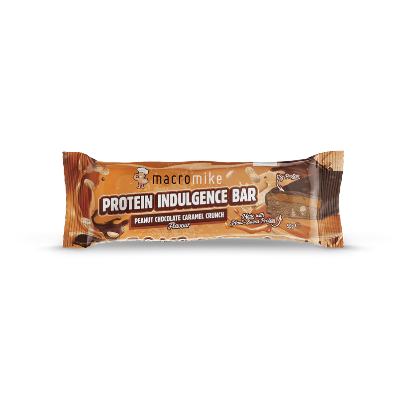Macro Mike Indulgence Bar, a protein snack with rich chocolate coating and caramel filling, featuring the Macro Mike brand logo.