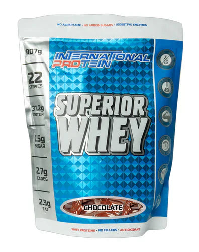 Container of INTERNATIONAL PROTEIN SUPERIOR WHEY protein powder with scoop, featuring the label and product packaging.