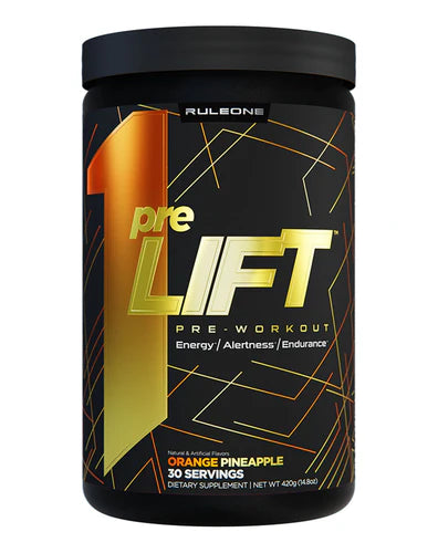 RULE 1 PRE LIFT supplement bottle from RULE1 with label visible, designed to enhance workout performance.
