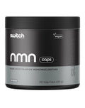 Switch Nutrition NMN capsules shown in a clear container with white and blue label, highlighting supplement packaging.