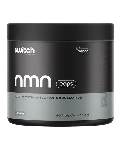 Switch Nutrition NMN capsules shown in a clear container with white and blue label, highlighting supplement packaging.