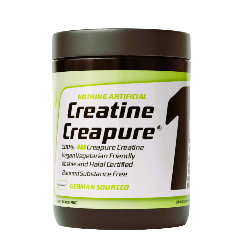 1NUTRITION CREAPURE creatine monohydrate powder in a jar, with a close-up of the label and product packaging.