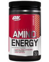 Optimum Nutrition Amin.O. Energy supplement container with label showing product details and branding.