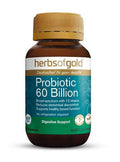 HERBS OF GOLD Probiotic 60 Billion capsules showing the supplement bottle with label and capsules inside.