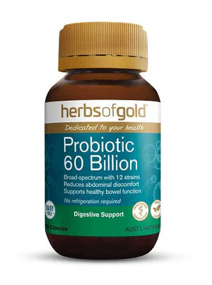 HERBS OF GOLD Probiotic 60 Billion capsules showing the supplement bottle with label and capsules inside.