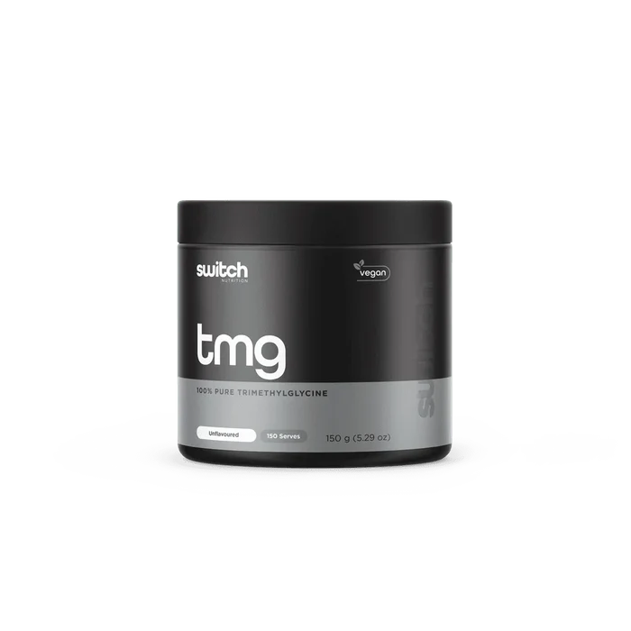 Switch Nutrition TMG supplement bottle with label displaying product details and branding on a plain background.