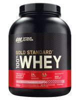 Optimum Nutrition 100% Gold Standard Whey protein powder jar with label and scoop on a white background.