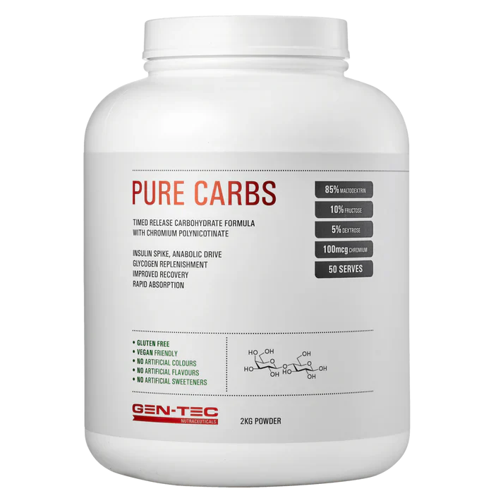 GENTEC GEN-TEC PURE CARBS container with white label, supplement for energy and muscle recovery, on a plain background.