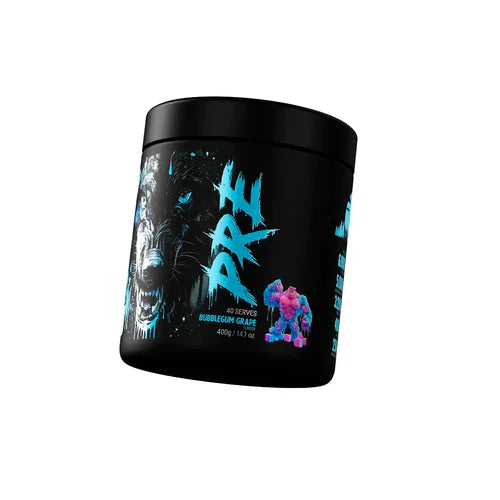Black Wolf Nutrition Pre-Workout supplement container with black and bold design, showcasing the Black Wolf Pre-Workout label.
