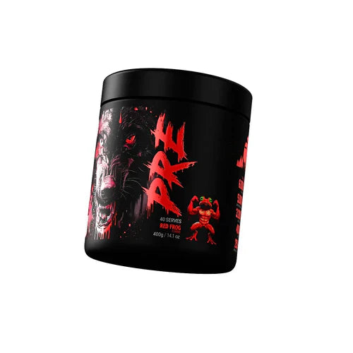 Black Wolf Nutrition pre-workout powder in a black container, designed to boost energy and focus during workouts.