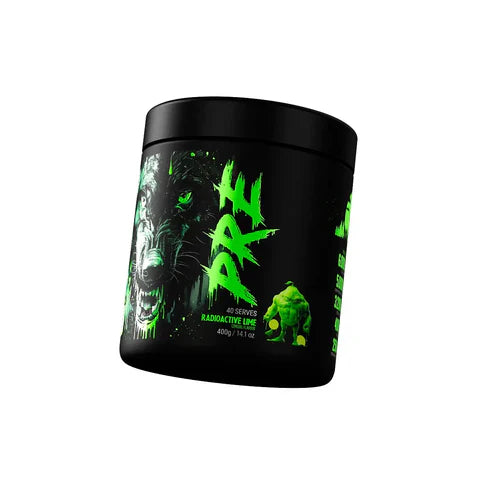 Black Wolf Nutrition Pre-Workout supplement container with black and bold labeling, highlighting energy and performance boost.