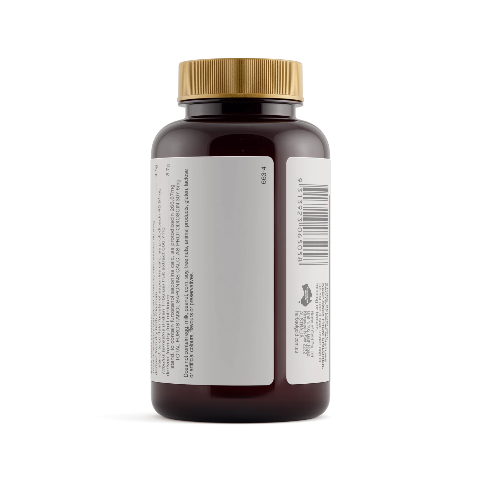 Herbs of Gold Bulgarian Tribulus Complex supplement bottle with label, featuring herbal ingredients and branding details.