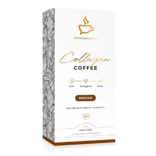 Before You Speak Collagen Coffee mocha flavor in a glass cup with a spoon, showcasing the glow collagen coffee product.