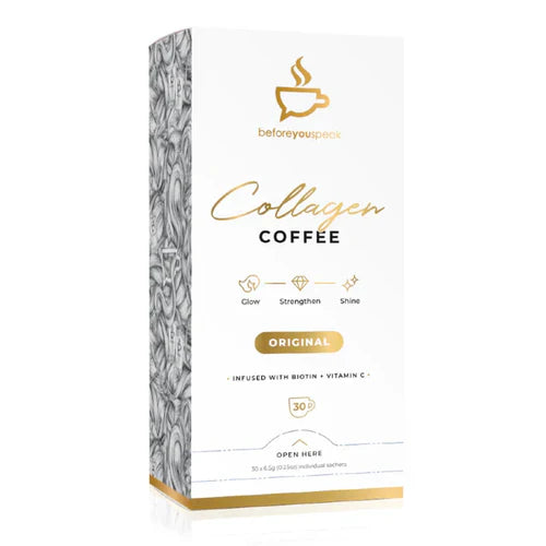 Before You Speak Collagen Coffee by Before You Speak, featuring a box of glow collagen coffee sachets with branding and packaging.