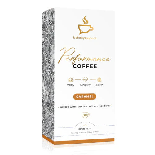High-performance caramel coffee from BEFORE YOU SPEAK, featuring a 30-second brewing process in a sleek container.