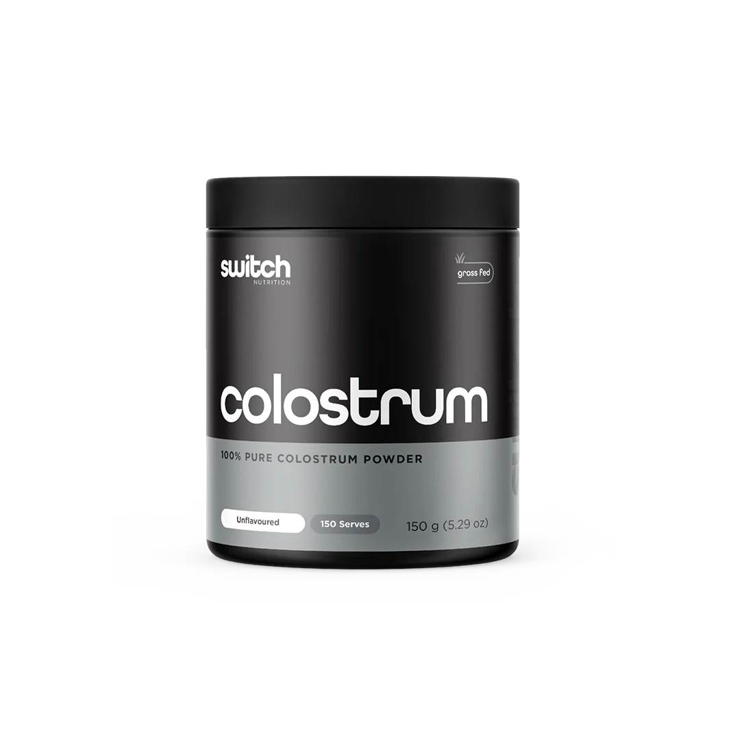 Switch Nutrition Colostrum supplement bottle with label, showcasing the product's branding and packaging details.