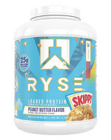 RYSE Loaded Protein supplement container with label, featuring a sleek design and vibrant colors, from RYSE UP brand.