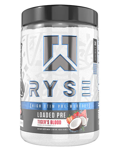 RYSE Loaded Pre supplement container with label featuring RYSE UP branding and nutritional information, set against a plain background.