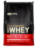 Optimum Nutrition 100% Gold Standard Whey protein container with label, showcasing a white tub with gold accents and nutrition info.