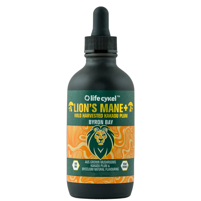 LIFE CYKEL Lions Mane Double Extract supplement bottle with label and capsule imagery, showcasing natural mushroom extract product.