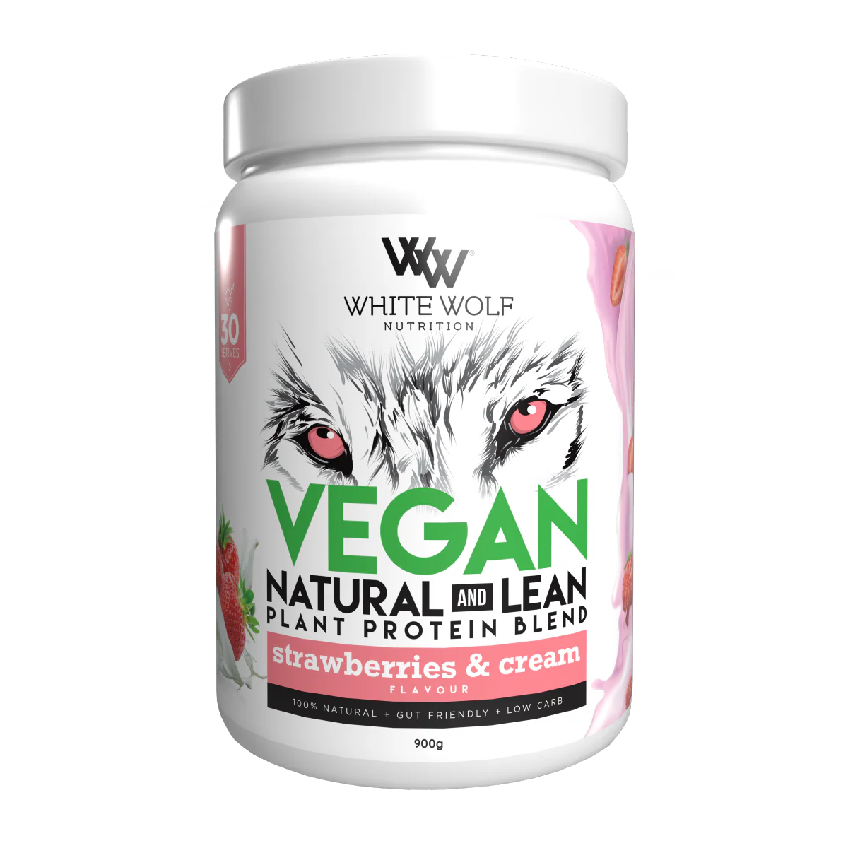 WhiteWolf Nutrition Vegan Protein Blend in a white container, showing a scoop of powder and label details.