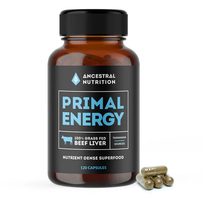 Ancestral Nutrition Primal Energy supplement bottle with label, featuring natural ingredients and product branding on a clean background.