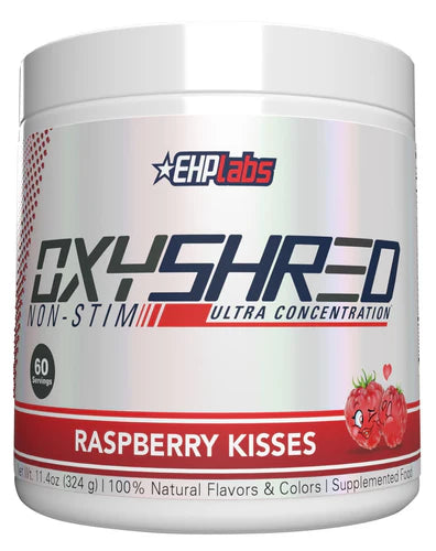 EHP LABS OXYSHRED Non-Stim fat burner supplement container with label, black and green packaging, and product information visible