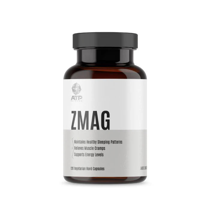 ATP SCIENCE ZMAG supplement container with black lid, label showing product name and branding, on a plain background.