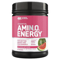 Optimum Nutrition Amin.O. Energy bottle with label showing orange and white design, natural flavor supplement for energy and focus.