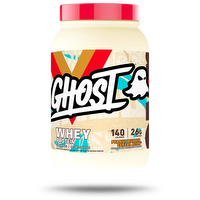 GHOST WHEY protein powder container with GHOST branding, featuring a sleek black and white design, on a plain background.