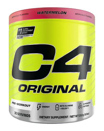 Cellucor C4 Original Pre-Workout powder in watermelon flavor, featuring a vibrant container with scoop and supplement label.