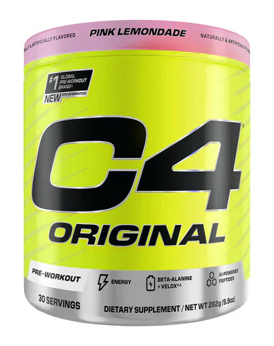 Cellucor C4 Original Pre-Workout powder in pink lemonade flavor, showcasing the supplement container with vibrant packaging.