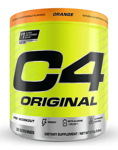 Cellucor C4 Original pre-workout powder container with orange flavor, featuring vibrant orange packaging and product branding.