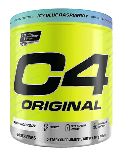 Cellucor C4 Original pre-workout powder container with icy blue raz flavor, showcasing the product packaging.