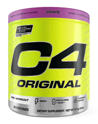 Cellucor C4 Original pre-workout powder in grape flavor, 30-serving container with vibrant purple label and scoop inside.
