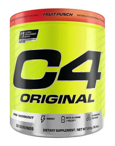 Cellucor C4 Original Pre-Workout powder in Fruit Punch flavor, 30-serving container with bright orange and red packaging, scoop included.