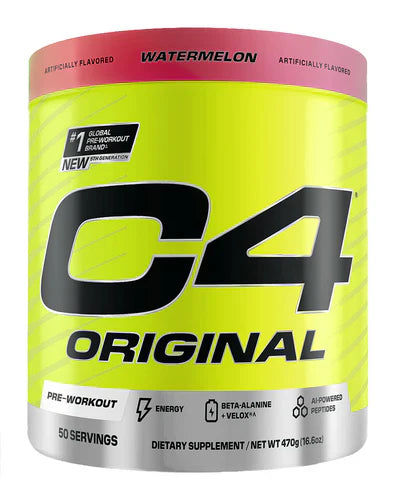 Cellucor C4 Original Pre-Workout powder in watermelon flavor, 50-serving container, showing the supplement packaging.