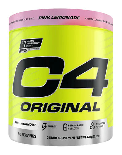 Cellucor C4 Original pre-workout powder in pink lemonade flavor, showing the container and scoop with pink lemonade flavoring.