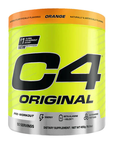 Cellucor C4 Original pre-workout powder container with orange flavor label, 50 servings, in a black and orange tub.