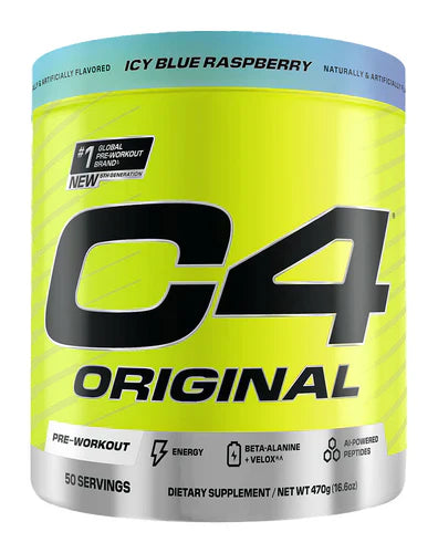 Cellucor C4 Original Pre-Workout container with Icy Blue Raspberry flavor, showing the colorful supplement powder and branding.