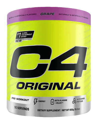 Cellucor C4 Original pre-workout supplement in grape flavor, featuring a vibrant purple container and scoop of powder.