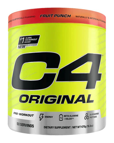 Cellucor C4 Original Pre-Workout powder in Fruit Punch flavor, 50 servings, with vibrant fruit punch flavor and supplement packaging.